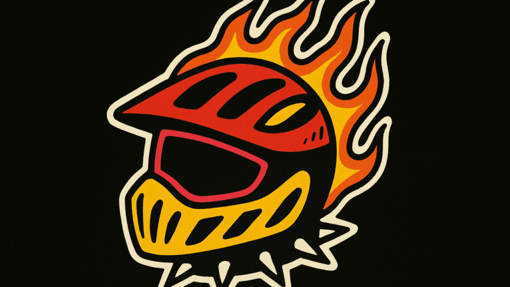 Illustration of a bicycle helmet placed on a Formula 1 car, representing the mismatch between outdated risk processes and modern development speed